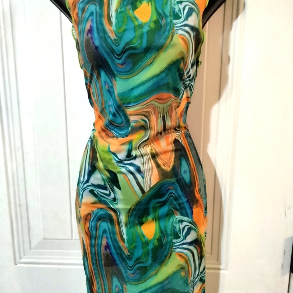 SHEIN Lettuce trim Marble print Body- con mesh dress